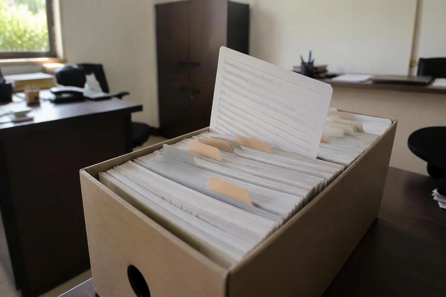 Fichas de candidatos a parceiro organizadas em caixa de arquivo