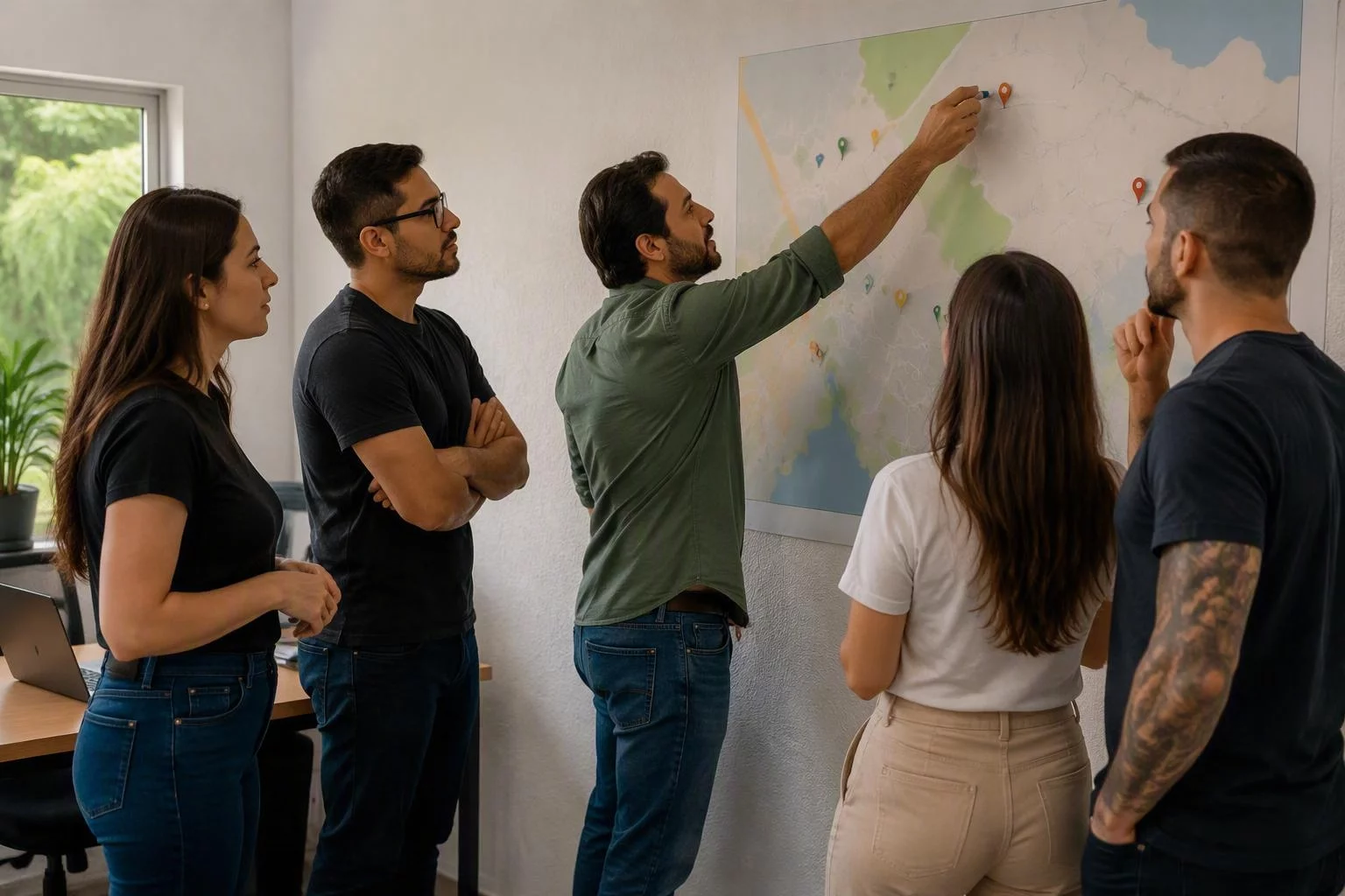 Equipe reunida em volta do mapa de praças afixado na parede